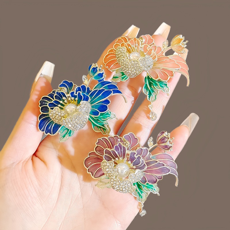Chinese Style Enamel Peony Flower Brooch Light Luxury Retro High-end Flower Corsage Pressure Breasted Clothing Pin Hanfu Accessories