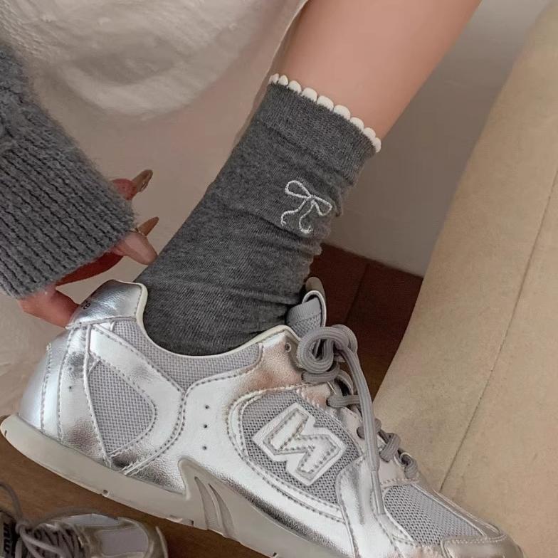 Miu Grey Lace Bow Socks Women's Spring and Autumn Cotton Mid-length Socks Korean Style Girl's Slimming Instagram Style Trendy Stacked Socks