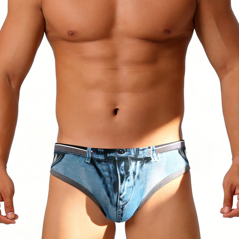 Uxh Cross-Border New Men's Faux Denim Print Swim Briefs Quick-Dry Trendy Sexy Triangle Beach Bikini