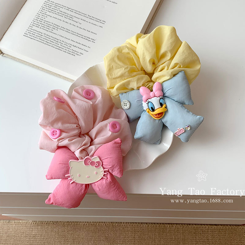 Linda caricatura rosa kitty bowknot intestino grueso anillo para el cabello femenino coreano de alta gama todo-fósforo tocado accesorios para el cabello