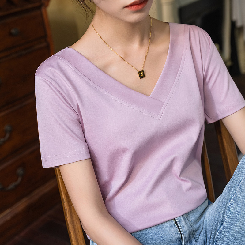 Camiseta de manga corta de algodón mercerizado con tacto helado para mujer, nueva colección de ropa femenina para el verano de 2025, camiseta de algodón puro con cuello en V de borde ancho, top elegante que realza la figura. image 3