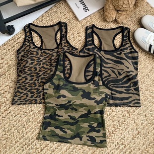 American Hot Girl Camouflage Racer-Back Camisole with Breast Pads for Summer Slim and Fashionable Outer Wear Sleeveless Top