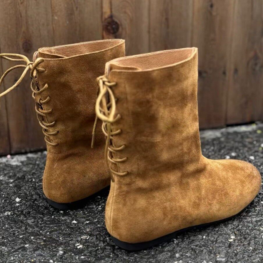 Bốt nữ cổ thấp mũi tròn da lộn quai hậu đế bằng — Màu cà phê, Màu kaki