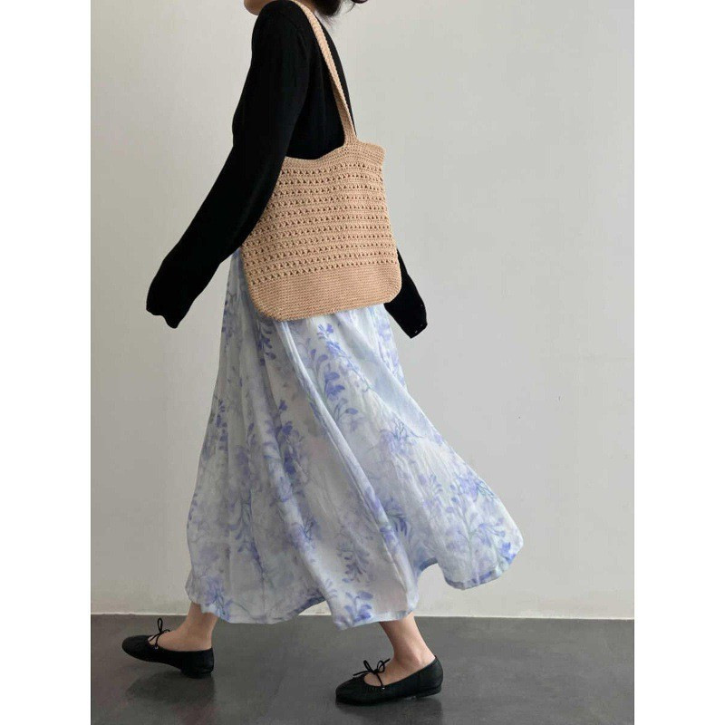 Wisteria Flower Vines Enzyme-Washed Natural 100-Count Ramie A-Line Mid-Length Skirt, Slimming Fairy Skirt.