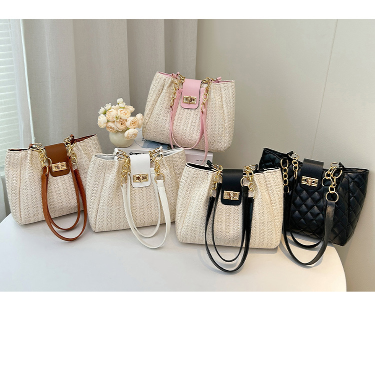 360g Weight Polyester Lining Material Lock clasp Closure Type Double Handle Strap Type Tote Bag Bags Type Daily Occasion Pu Leather, Straw Material Color Block Pattern All Seasons Season Women's Gender Streetwear Style Bucket Shape Medium Size Women's Medium Pu Leather Straw Color Block Streetwear Bucket Lock Clasp Tote Bag 1