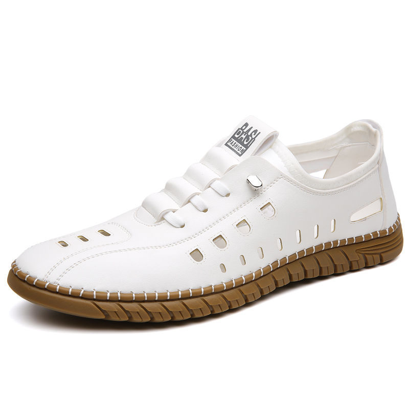Sandalias de verano para hombre, zapatos de cuero casuales transpirables, zapatos blancos huecos y transpirables, zapatos con agujeros, sandalias de un solo pedal para hombre de suela blanda