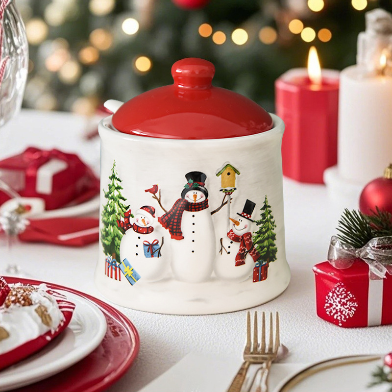 Tarro de condimento de cerámica de muñeco de nieve de Navidad de Nordic Country Tarro de condimento multifuncional Tarro de azúcar de cocina Tarro de sal con vajilla de cuchara