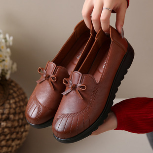 Mother Shoes Spring and Autumn Leather Shoes Soft Sole Soft Surface Non-slip Middle-aged and Elderly Women's Single Shoes for Work Flat Bottom for Elderly Middle-aged Black
