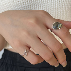 New S925 Pure Silver Women's Ring with Unique Design, Moonstone Embedded Open Joint Band Ring, Student Finger Ring