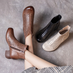 民族風軟底短靴透氣洞洞媽媽高幫涼鞋2025新款鏤空真皮粗高跟涼靴