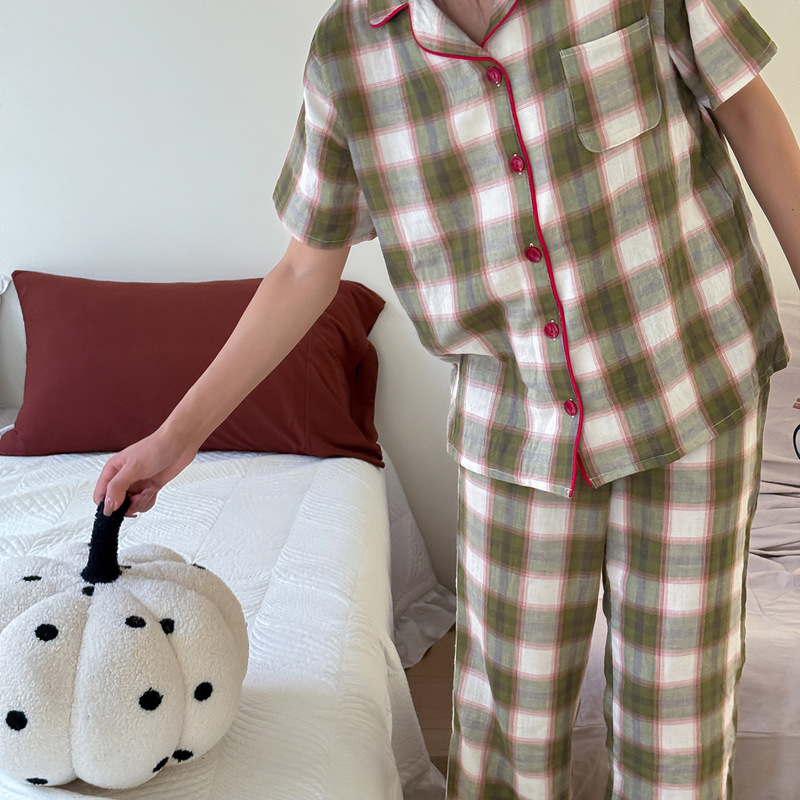 Japanese-Style All-Cotton Yarn-Dyed Double-Layer Gauze Pajamas Plaid Short-Sleeve Long Pants Women's Wrinkled Gauze Ultra-Soft Pure Cotton Loungewear