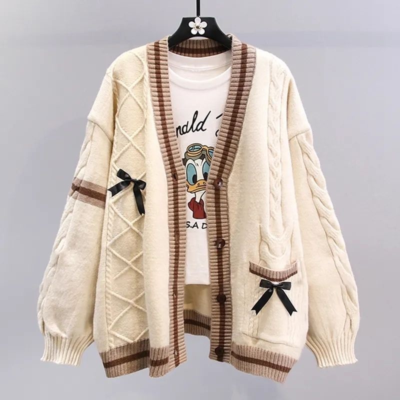Korean Style Bow-Knot Sweater, Spring, Autumn and Winter Coat, Women's New Style, Lazy Style, Loose Design, Age-Reducing Knitted Cardigan