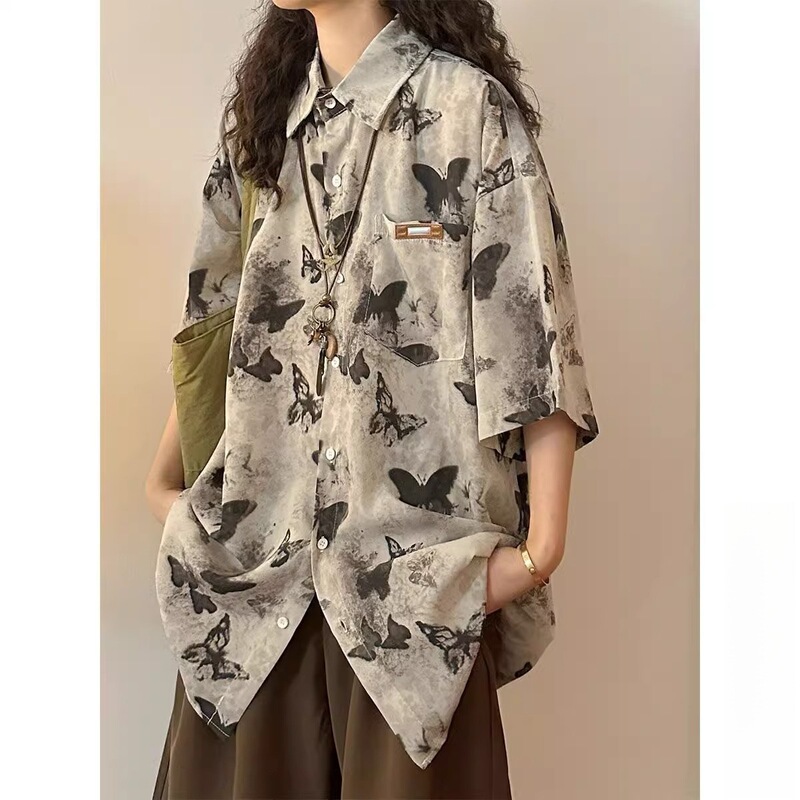 2026 Summer New Style American Retro Ink Painting Full-Print Butterfly Design Stylish Short-Sleeve Shirt Top for Women Trendy