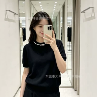深圳南油白色领边撞色蝴蝶结针织短袖T恤女夏季新款修身上衣