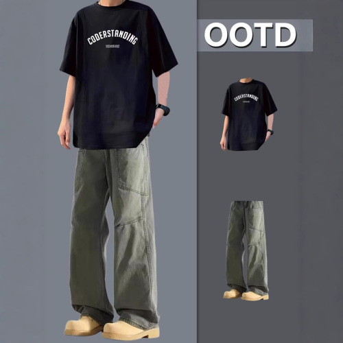 Men's Summer Small Sweet Potato Short Sleeve T-Shirt Set with Streetwear Jeans Loose and Stylish Boy Outfit