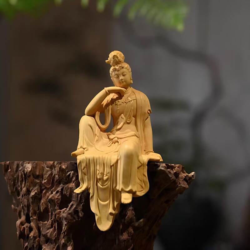 自在观音菩萨摆件黄杨木雕刻居家客厅禅意观世音木质立体感工艺品|undefined
