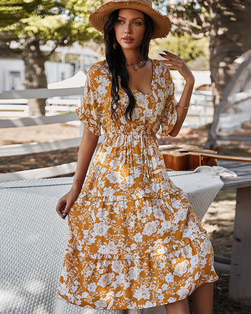 V-neck temperament mid-length printed dress NSKA37608