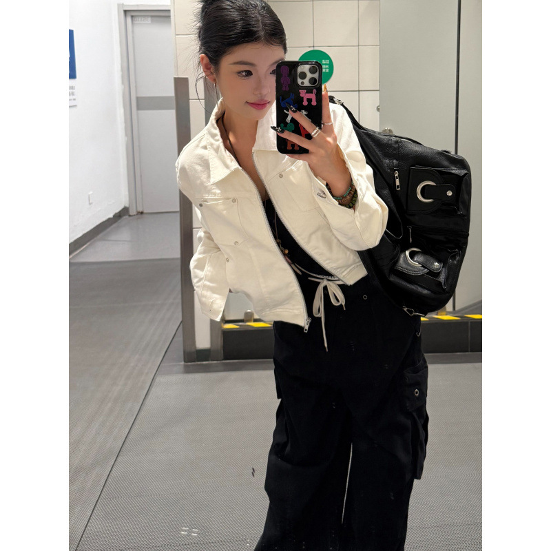 美式复古铆钉短款夹克高级质感翻领外套女辣妹休闲百搭上衣