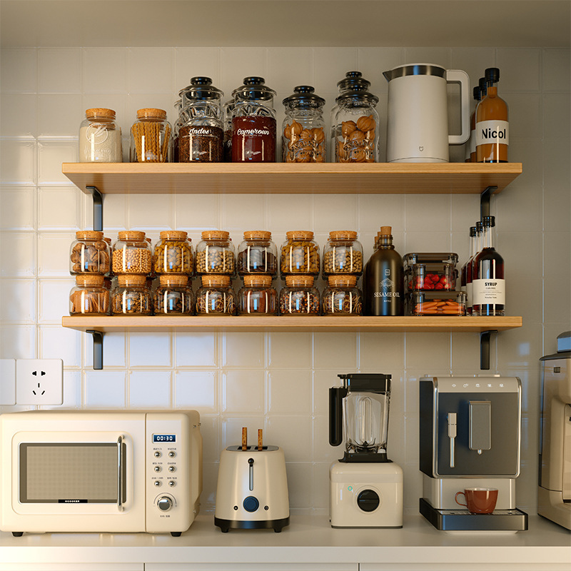 Estante de pared de cocina Estante de condimento de pared de madera maciza Tabique multifuncional de una sola palabra Estante de almacenamiento de aceite, sal, salsa y vinagre