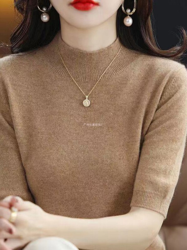 Half-High Collar, Five-Quarter Sleeve Knit Sweater for Women, Pullover Base Layer, Versatile Outerwear Top for Women