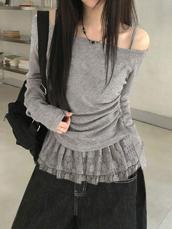 韩版辣妹微透斜领薄款露肩针织罩衫女夏季假两件蕾丝抽褶收腰上衣|undefined