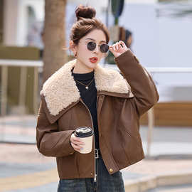 仿羊羔毛大翻领pu皮棉服女2025冬新款小个子韩系宽松加厚棉衣外套