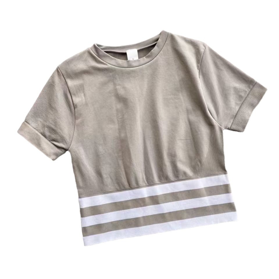 Deporte a rayas de manga corta elástico corredor corredor seco rápido camiseta de acondicionamiento físico umbilical ropa de yoga corta verano