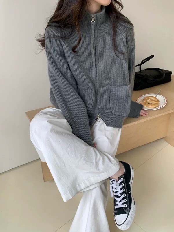 针织开衫女2025春秋新款韩版圆领显瘦纯色双拉链短款小个子外套|undefined