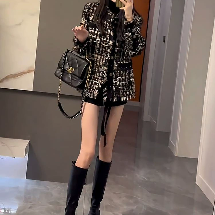 Черная осенняя демисезонная шерстяная короткая куртка, стиль Chanel, для подростков, высокий стиль, увеличенная толщина