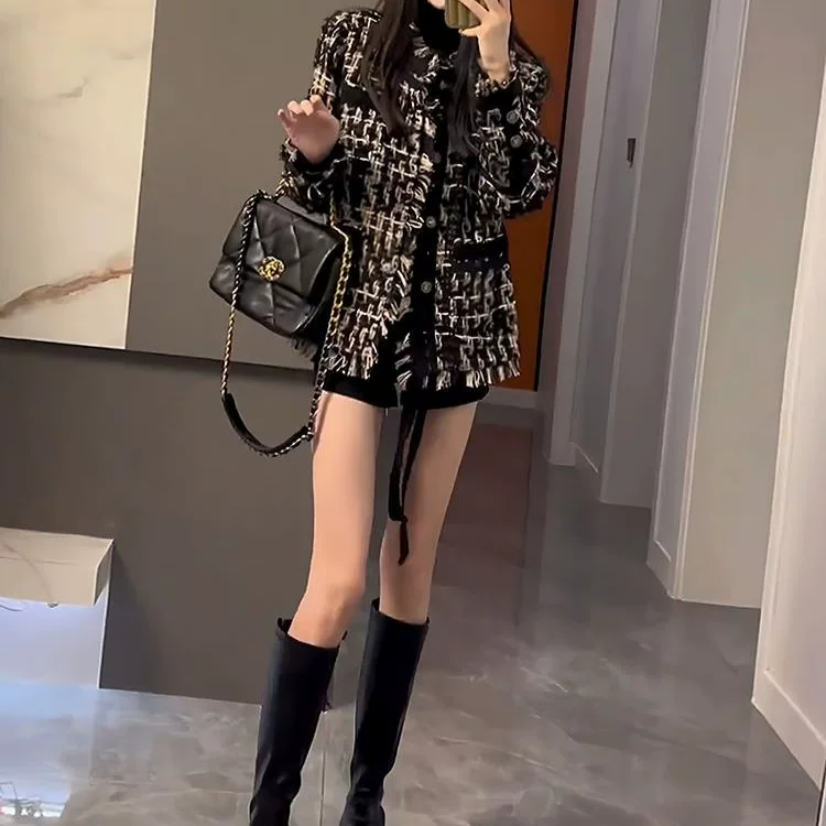 Черная осенняя демисезонная шерстяная короткая куртка, стиль Chanel, для подростков, высокий стиль, увеличенная толщина