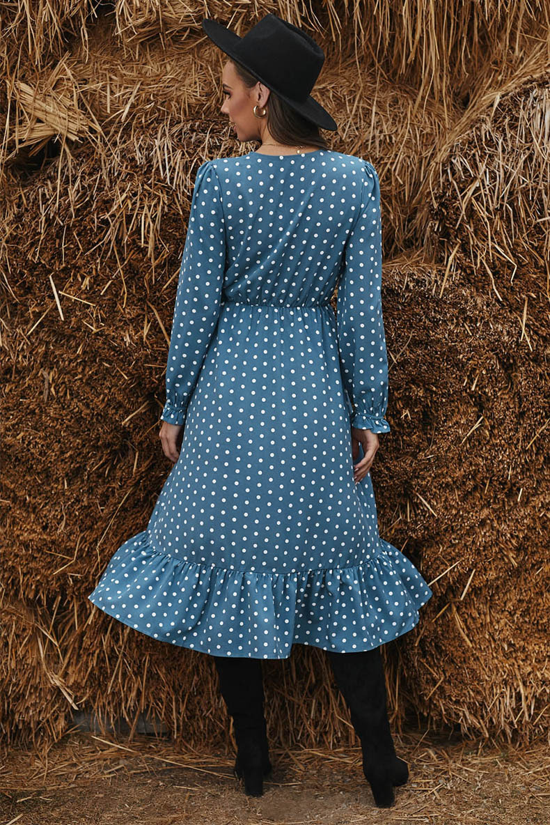 Wave Dot Print V-Neck Long-Sleeved Hedging Slit Dress NSQSY78175