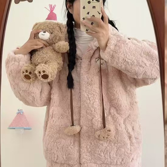 (2개) 겨울 귀여운 두꺼운 따뜻한 곰 후드 가을과 겨울 부드러운 왁스 느슨한 코트