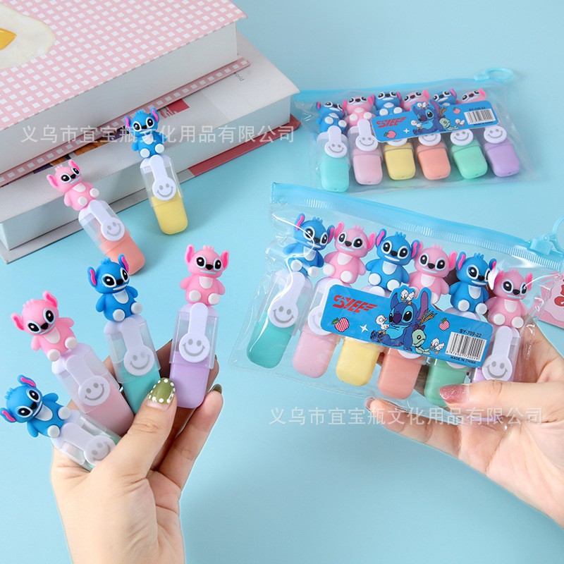 Mini bolsa de dibujos animados resaltador ins de marcado clave de alto valor 6 color juego de bricolaje lindo bolígrafo de color de graffiti