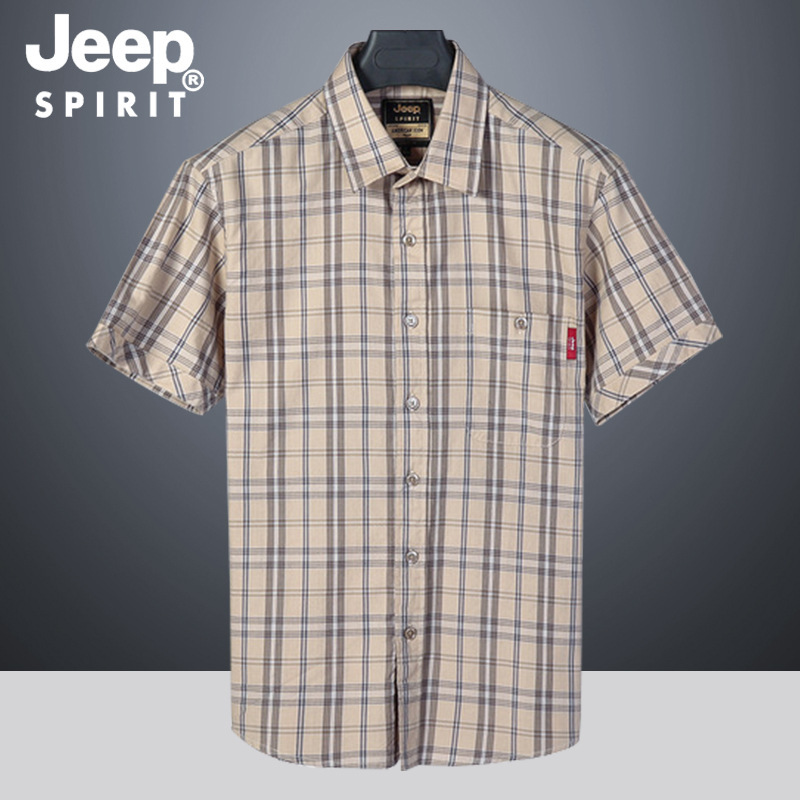 JEEP SPIRIT Summer Pure Cotton Short-sleeved Shirt Flagship Store Genuine Casual Plaid Middle-aged Men's Large Size