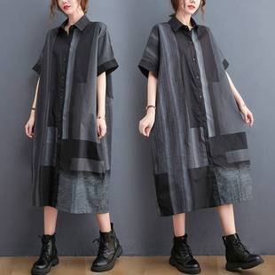 Real Shot of 2025 Summer New Plus-Size Shirt Dress for Chubby Girls, Striped Print, Slimming, Loose, Long Dress