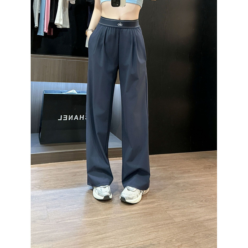 Alo Woven Wide-Leg Pants for Women, Casual Yoga Sports Pants, Elastic Waist, Printed Letters, Straight-Leg, Lightweight, Quick-Dry Pants