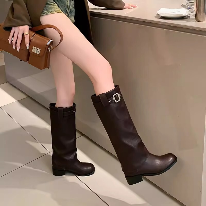 ホットガールスリムハイレグブーツ膝上ベルトバックル太ヒールナイトブーツ厚底ウエスタンカウボーイブーツ女性冬|undefined