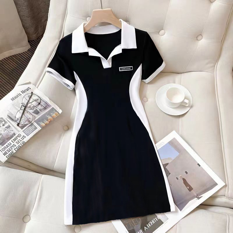 [Chubby Girl Wear] New Summer plus size All-match Slimming Western Style Color Matching Design Sense Belly Covering dress