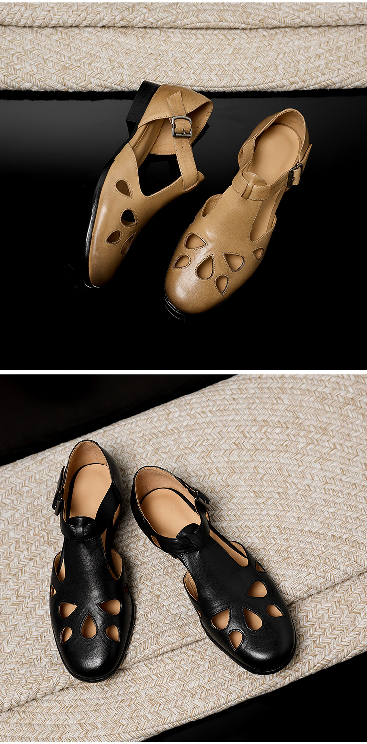 Sandal nữ da bò đục lỗ quai chữ T cổ điển, mũi kín gót bệt — màu nâu chi tiết 18