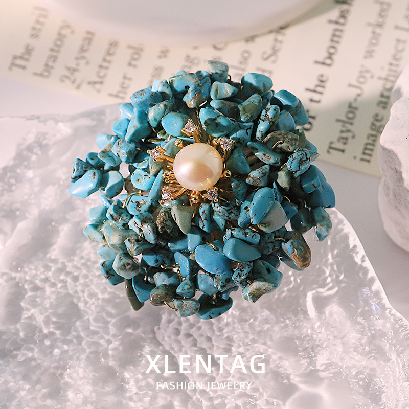 Perla natural zircon imitación turquesa broche mujer retro alto sentido flor de pecho creativo diseño a mano universal broche image 2