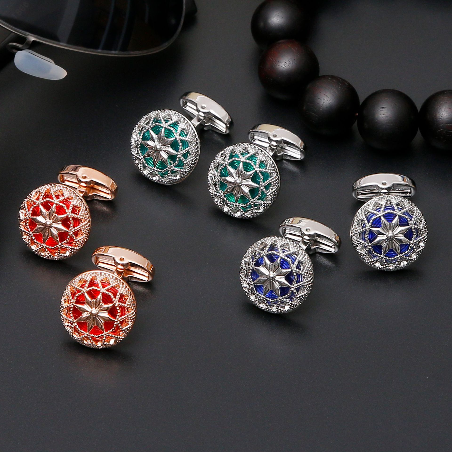 Wholesale In-Stock Exquisite Creative Hollow Pattern Design Round Men's Cufflinks Available in 3 Colors, Popular Cross-Border Jewelry