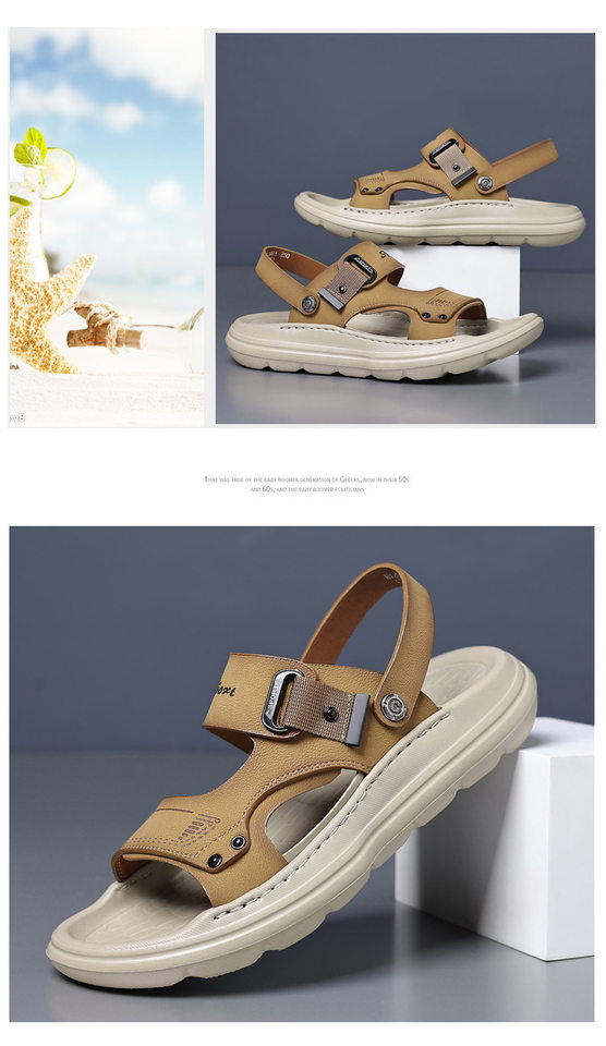 Dép sandal nam da thật đế xốp nhẹ thủ công, gót 3,5 cm, thoáng khí chống trượt — màu vàng chi tiết 16