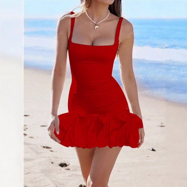 2025欧美跨境亚马逊女连衣裙吊带裙抹胸荷叶边性感短裙派对小礼服