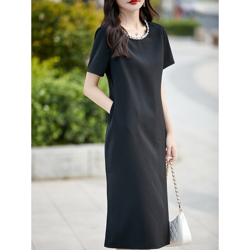 Acetic Acid Satin Crewneck dress Women's Summer Thin Beads Vintage Pleated Loose All-match Mid-length Trendy Skirt Acetic Acid Satin Crewneck dress Women's Summer Thin Beads Vintage Pleated Loose All-match Mid-length Trendy Skirt