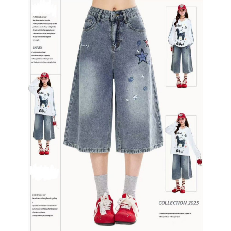 Factory Custom Star Patchwork Cropped Jeans for Women 2026 Summer New Style Loose Slimming Straight Pants
