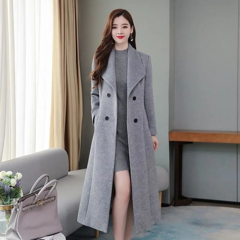 Windbreaker 2025 Spring and Autumn New Style Woolen Coat Women's Over-The-Knee Thickened Large Size Lapel Extra Long Slim Waist Jacket