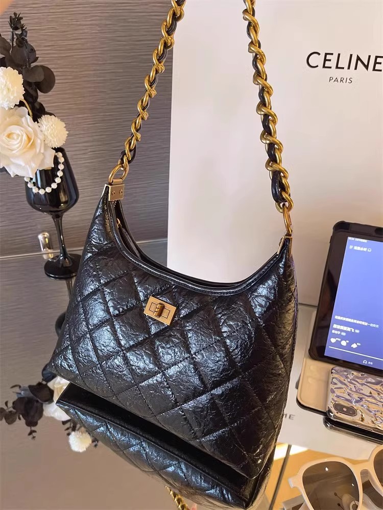 Túi tote nữ da thật kiểu tweed đeo chéo dây xích chần bông — Màu đen, Đỏ Ancora, Cà phê Mocha, Màu nâu chi tiết 20