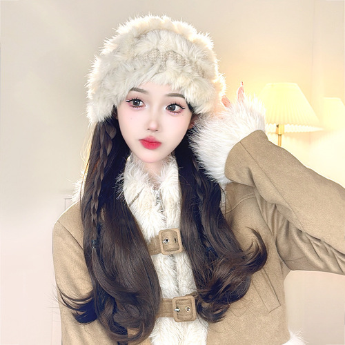 Hat wig detachable fashion women's  new autumn and winter plush hat curly hair imitation full human hair full headgear