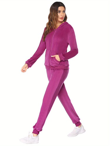 Womens Casual Velvet Tracksuit Set Full Zipper Hoodie Long