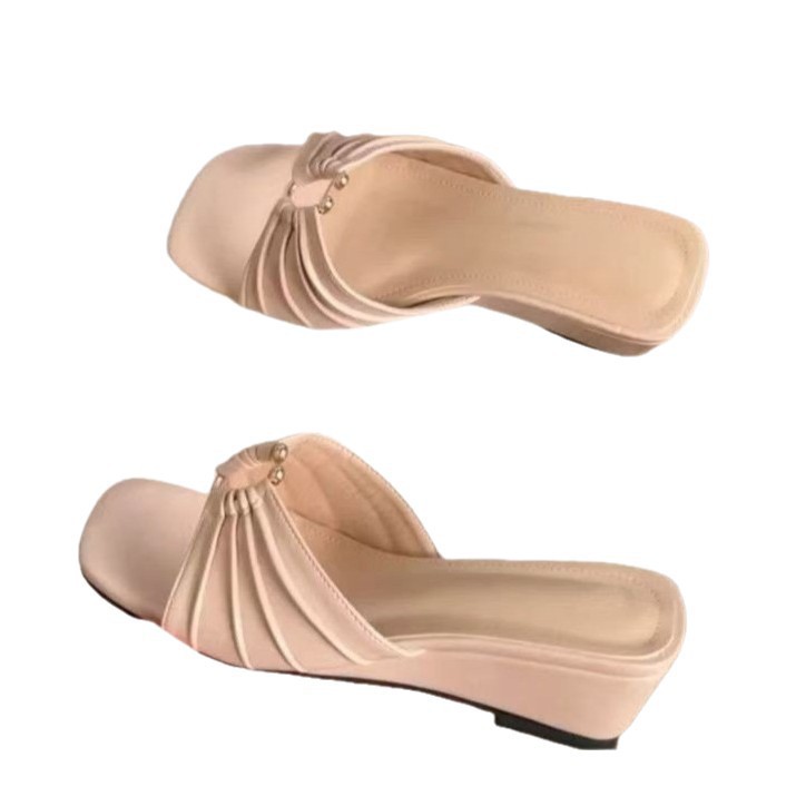 Suave estilo francés plegado pendiente con zapatillas de verano para mujeres 06 nuevo con falda antideslizante desnudo zapatillas frías image 5